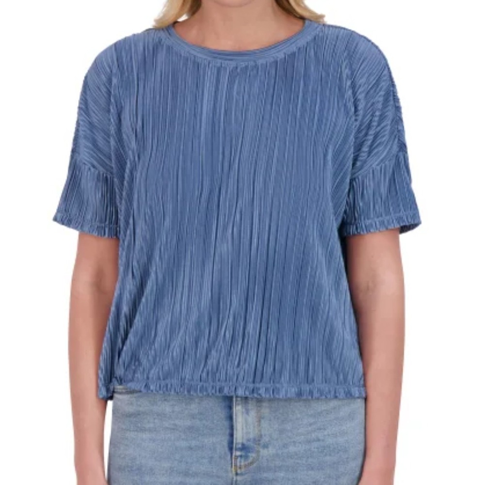Andrew Marc Women's Short Sleeved Plisse Blouse Light Blue Boxy Lightweight XXL‎